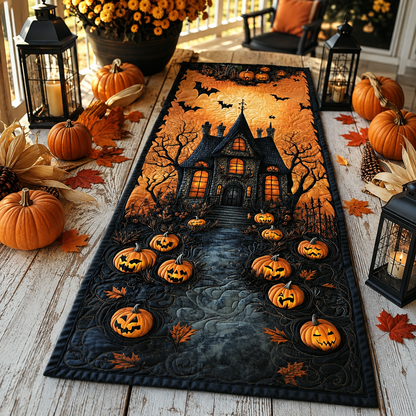 Haunted Mansion Spooky Jack-o'-Lantern Pumpkin Halloween Quilted Table Runner