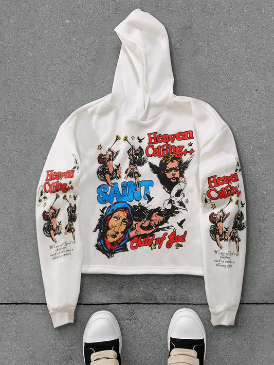Heaven Calling White Polyester Saint Print Hoodie