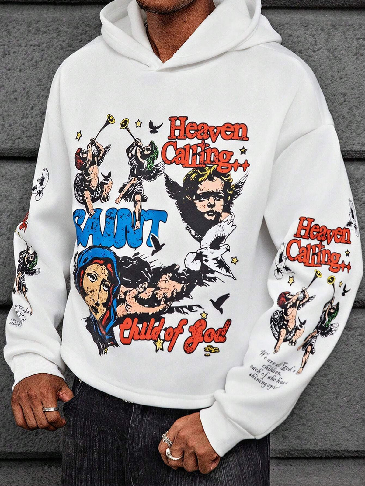 Heaven Calling White Polyester Saint Print Hoodie
