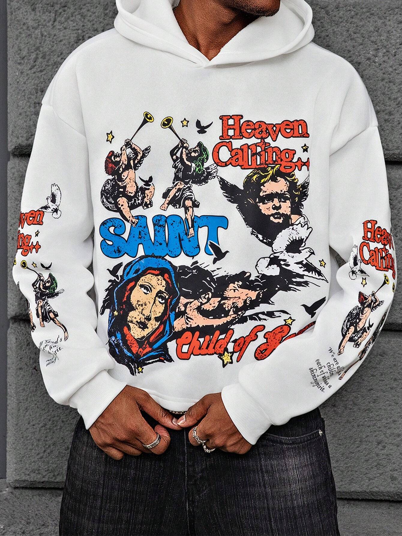 Heaven Calling White Polyester Saint Print Hoodie