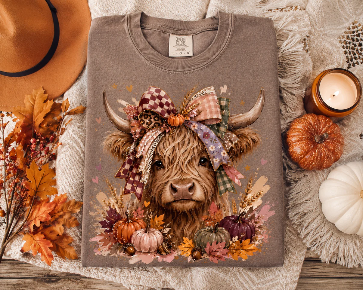 Highland Cow Pumpkin Autumn Floral Bow Graphic Tee Shirt