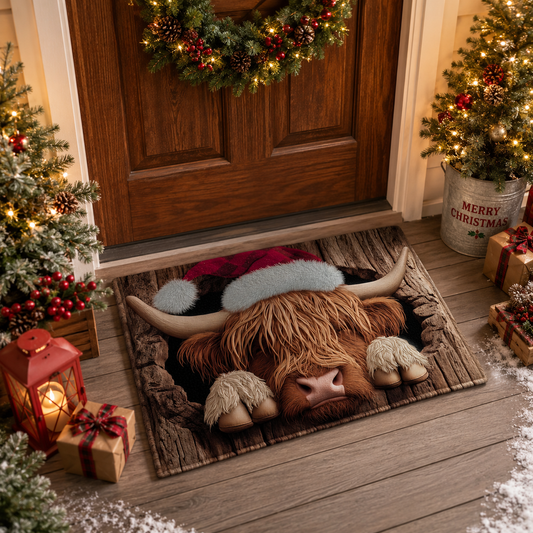 Highland Cow Santa Hat Hole Christmas Gate Doormat