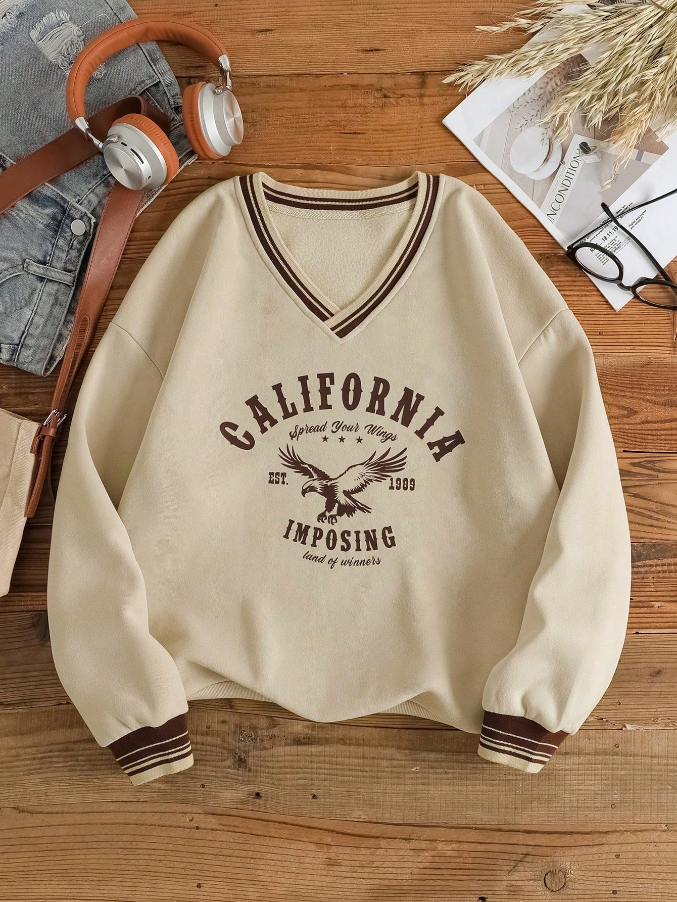 Graphic Striped Trim V-Neck Pullover Sweatshirt for Women