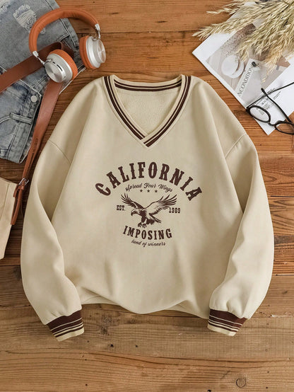 Graphic Striped Trim V-Neck Pullover Sweatshirt for Women