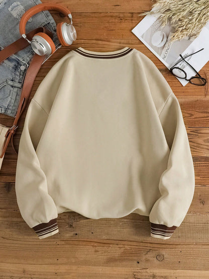 Graphic Striped Trim V-Neck Pullover Sweatshirt for Women