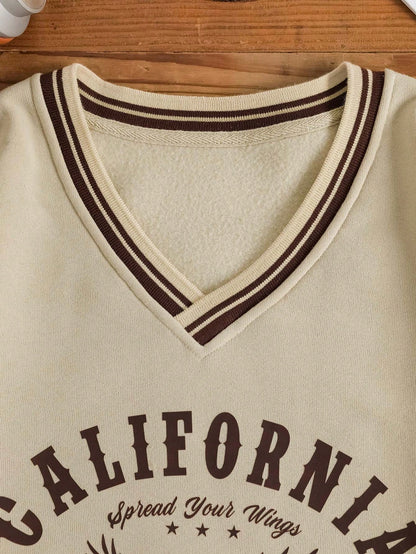 Graphic Striped Trim V-Neck Pullover Sweatshirt for Women