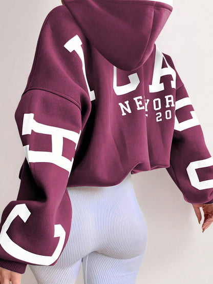 Stylish Hot Pink Letter Print Hooded Sweatshirt for Women | Casual Spring/Fall Pullover