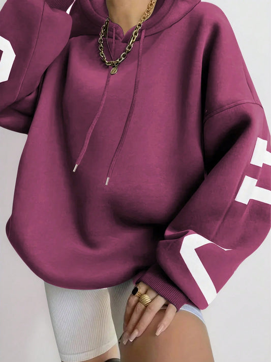 Stylish Hot Pink Letter Print Hooded Sweatshirt for Women | Casual Spring/Fall Pullover