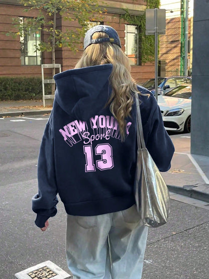 Letter Print Fleece Hoodie for Women Perfect Autumn & Winter Back-To-School Outfit