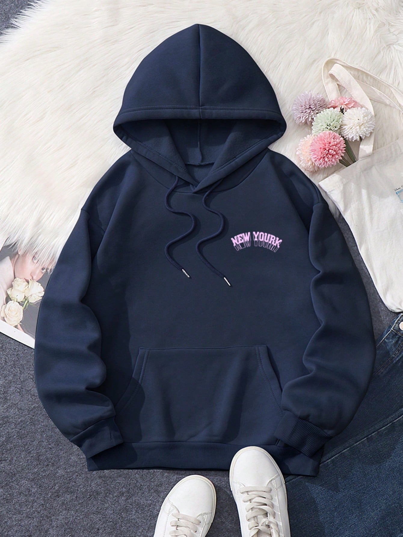 Letter Print Fleece Hoodie for Women Perfect Autumn & Winter Back-To-School Outfit