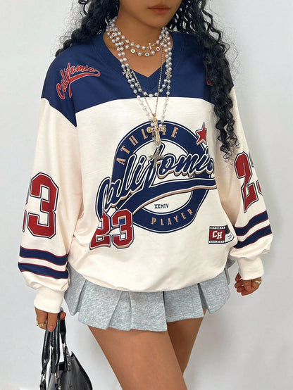 Women’s Plus Size Letter Print Drop Shoulder Long Sleeve Casual Sweatshirt