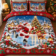 Ice Skating Santa Christmas Quilt Set Festive Holiday Bedding
