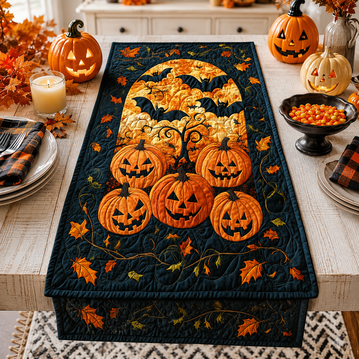 Jack-O'-Lantern Pumpkins and Flying Bats Halloween Quilted Table Runner