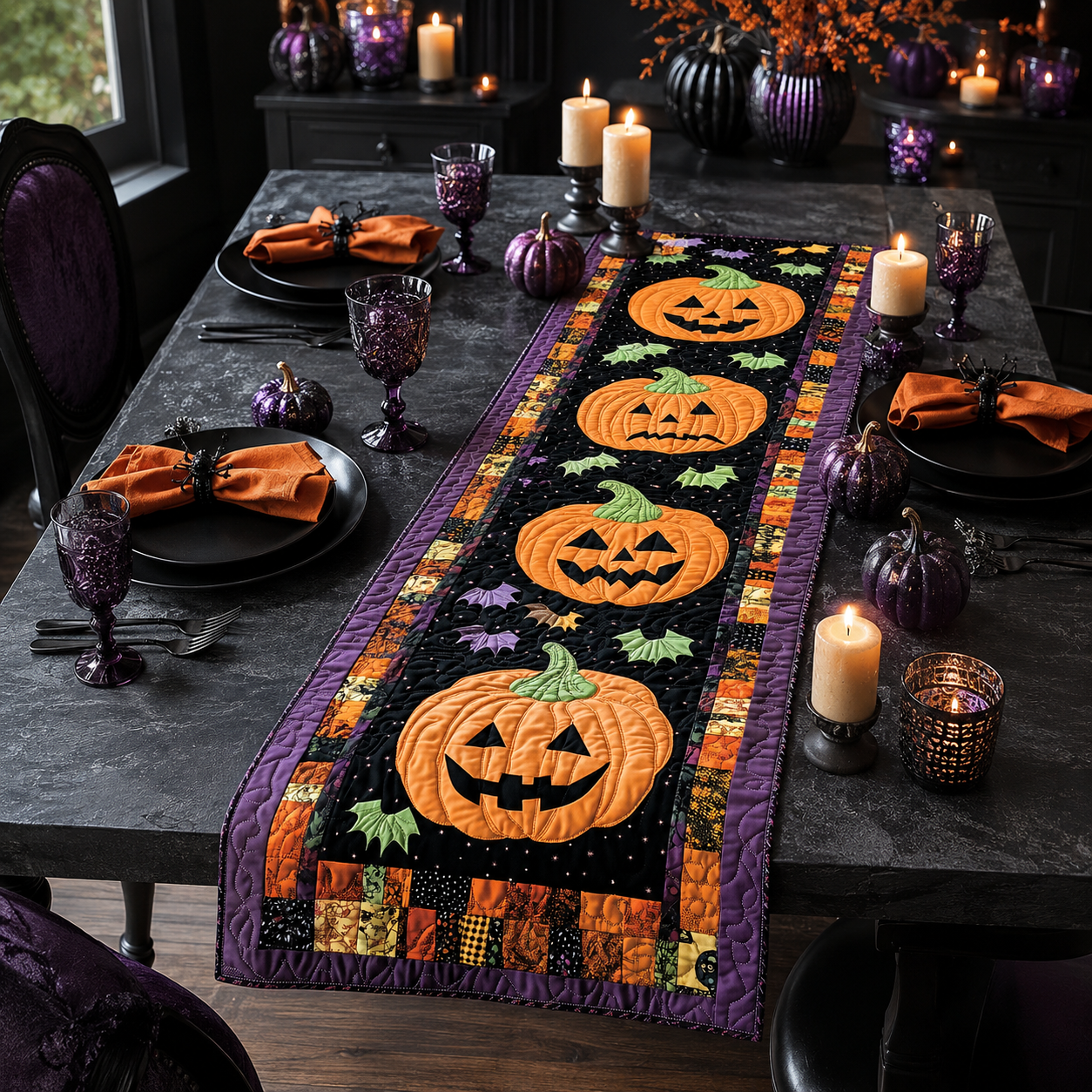 Jack-o'-Lantern Pumpkin & Bats Halloween Quilted Table Runner