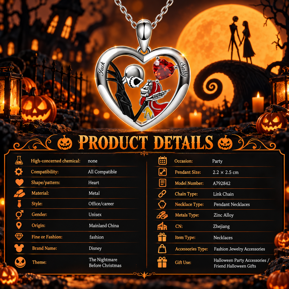 Jack And Sally Heart Necklace Sterling Silver