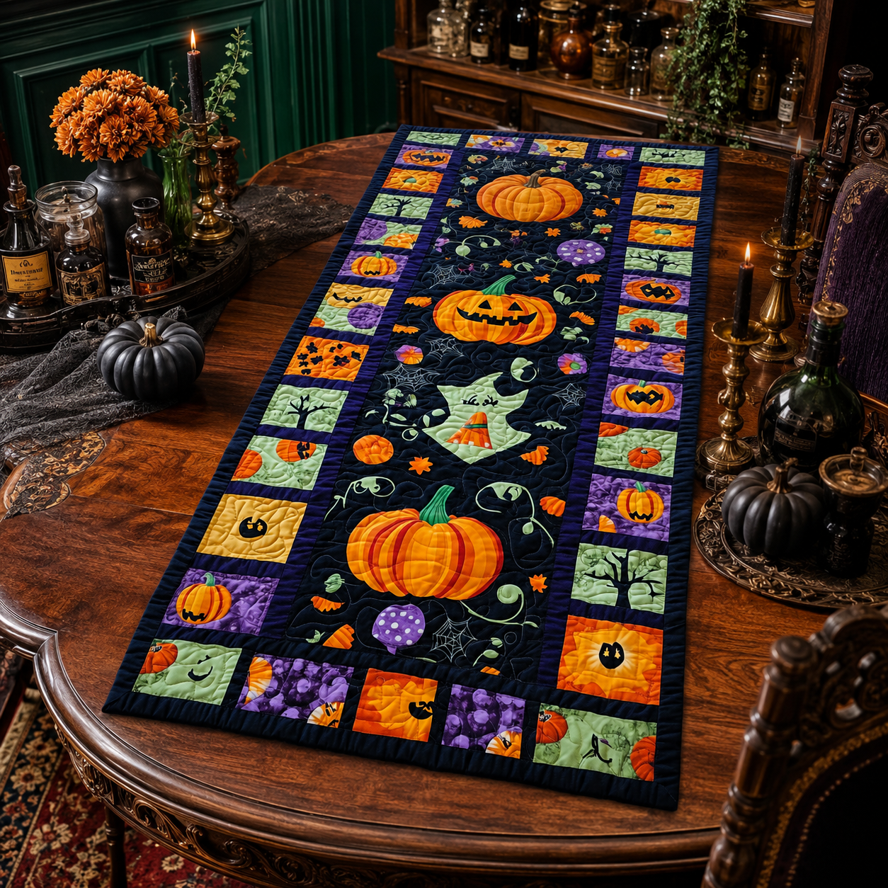 Jack O Lantern Pumpkin Patch Halloween Quilted Table Runner