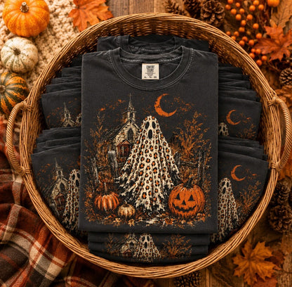 Leopard Ghost Pumpkin Autumn Halloween Comfort Colors Graphic Tee