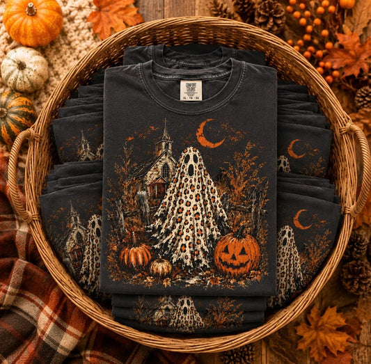 Leopard Ghost Pumpkin Autumn Halloween Comfort Colors Graphic Tee