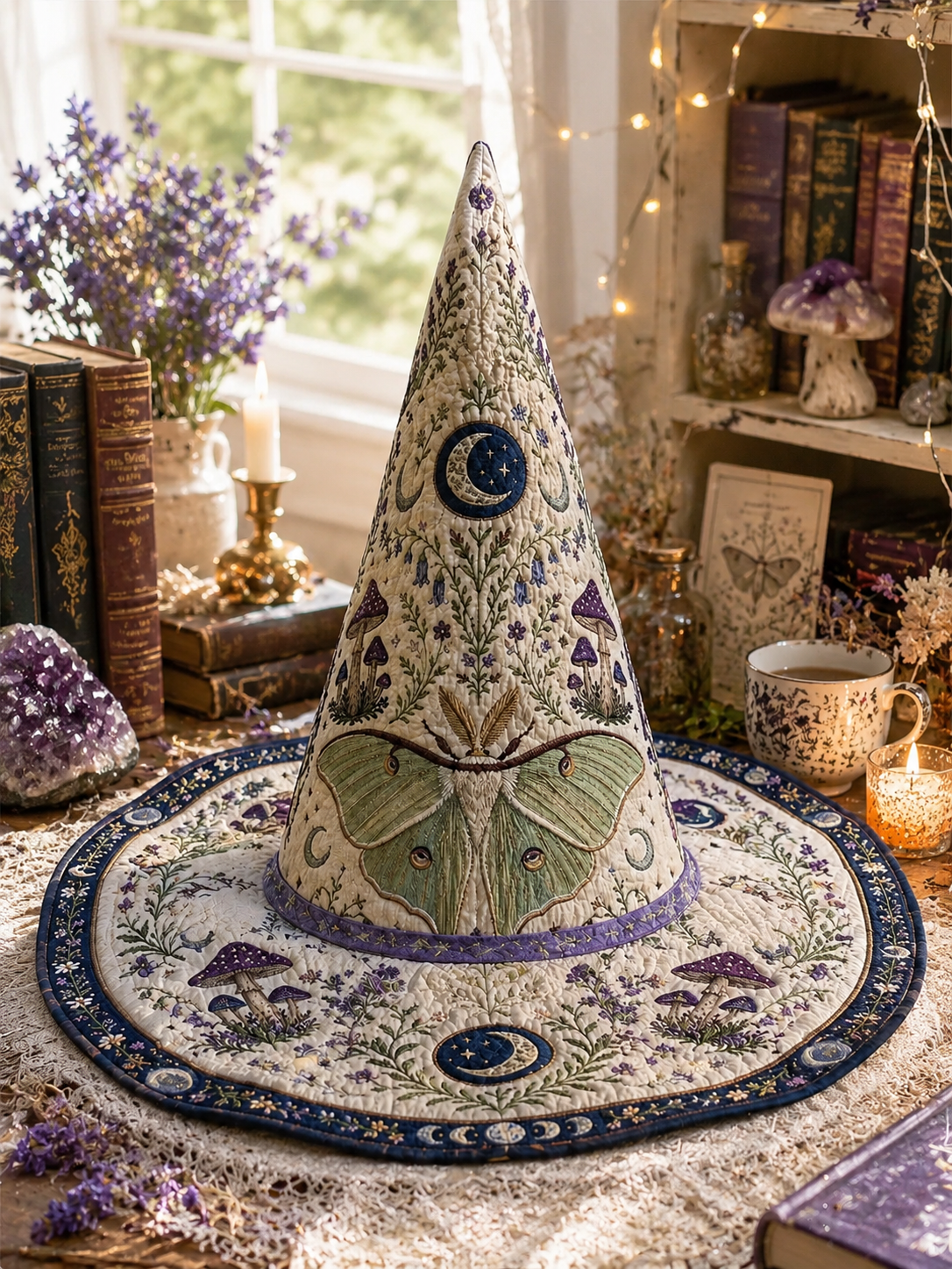 Luna Moth Mushroom & Lavender Celestial Halloween Quilt Witch Hat