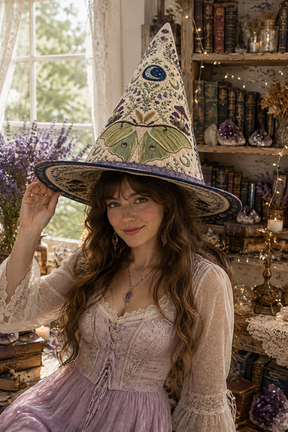 Luna Moth Mushroom & Lavender Celestial Halloween Quilt Witch Hat