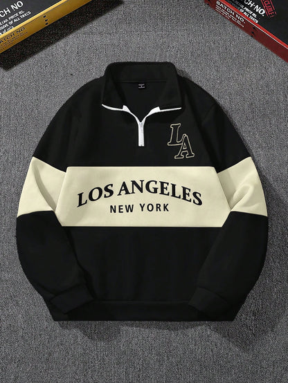 Campus Court Men’s Colorblock Long Sleeve Front Zipper Letter Graphic Casual Sweatshirt