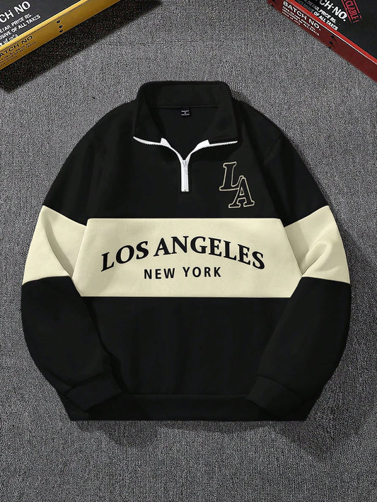 Campus Court Men’s Colorblock Long Sleeve Front Zipper Letter Graphic Casual Sweatshirt