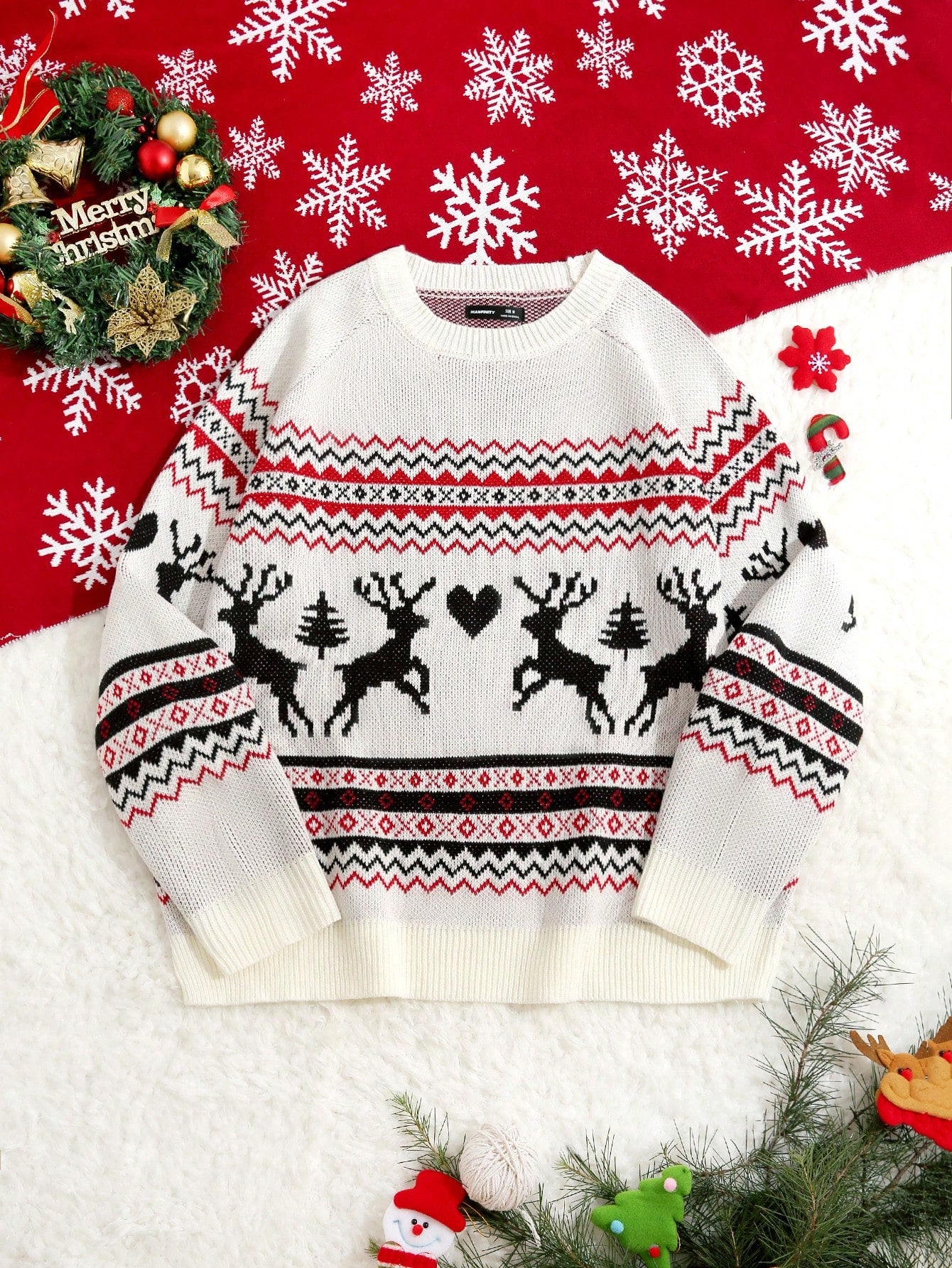 Christmas Deer Pattern Funny Loose Fit Crew Neck Pullover Sweater