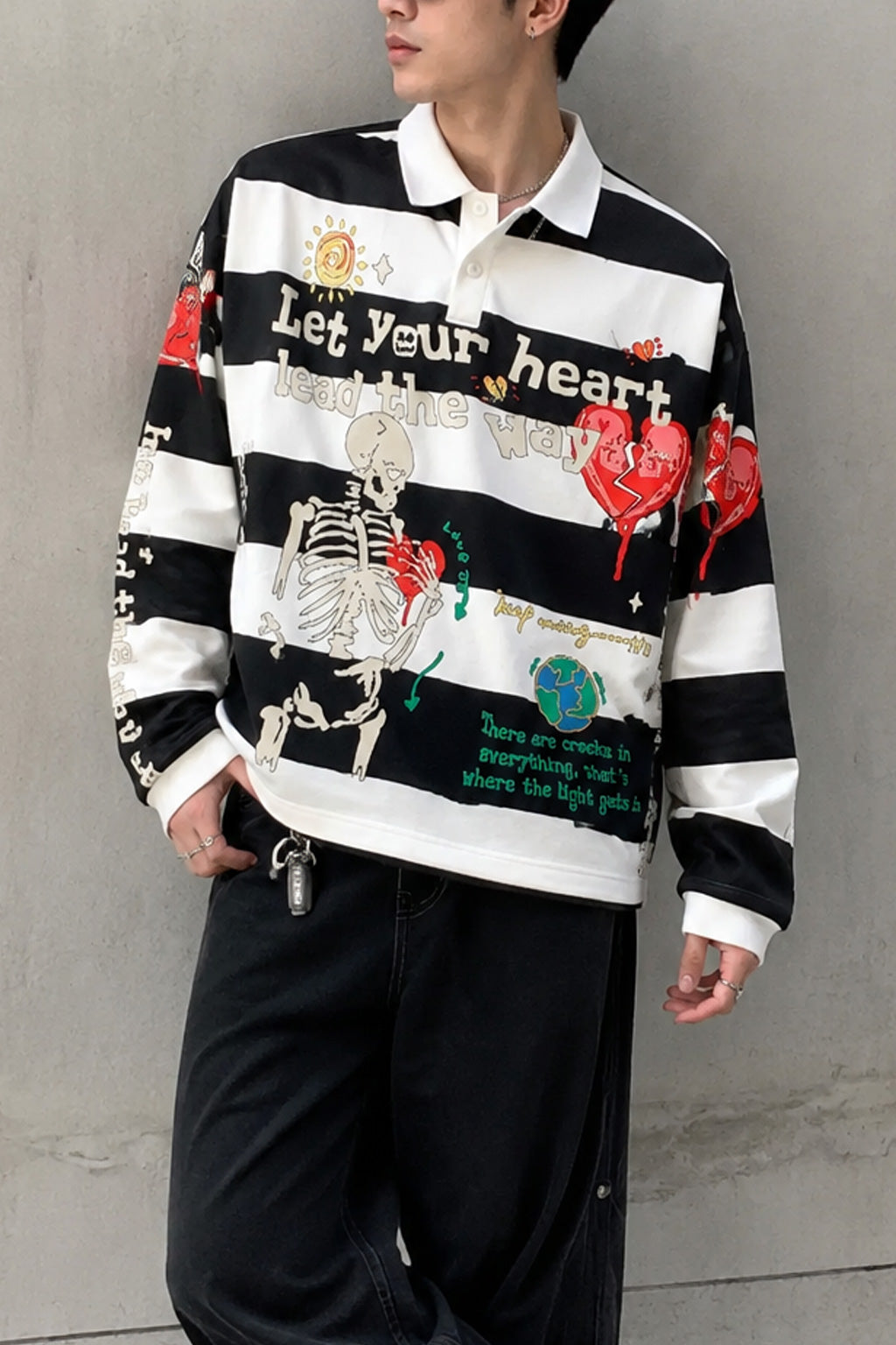 Men Skeleton Striped Graphic Long Sleeve Polo Shirt