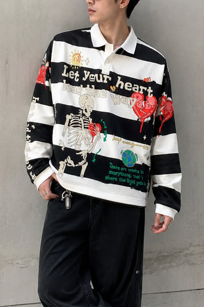 Men Skeleton Striped Graphic Long Sleeve Polo Shirt