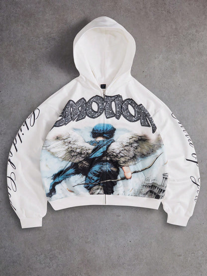 Men Anime Angel Drop Shoulder Loose Hoodie