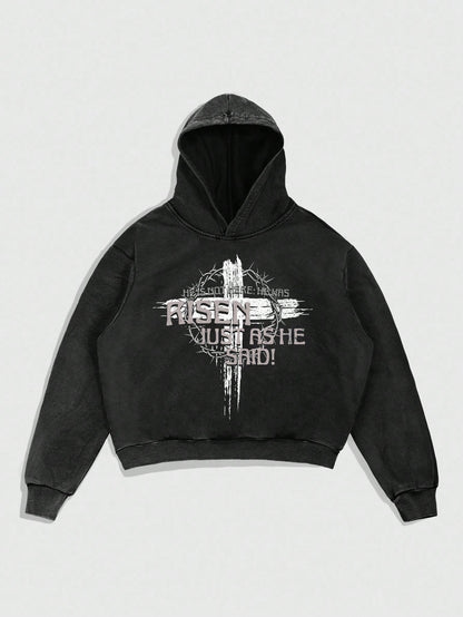 Men Cross Graphic Thermal Black Hoodie