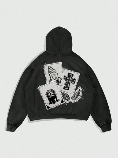 Men Cross Graphic Thermal Black Hoodie