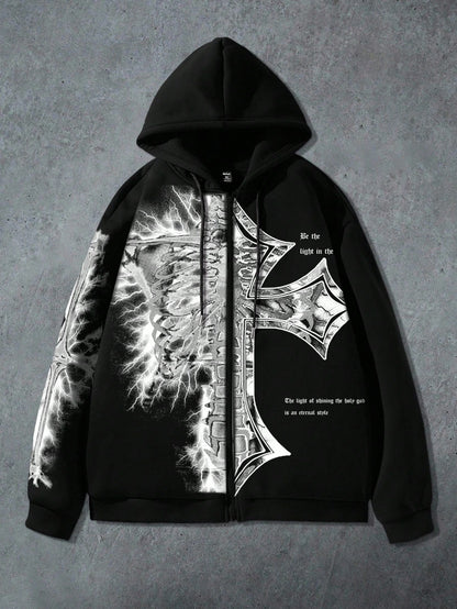 Men Goth Slogan Print Zip Front Hoodie