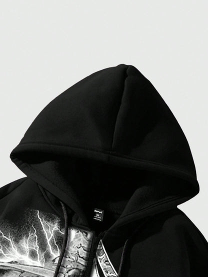 Men Goth Slogan Print Zip Front Hoodie
