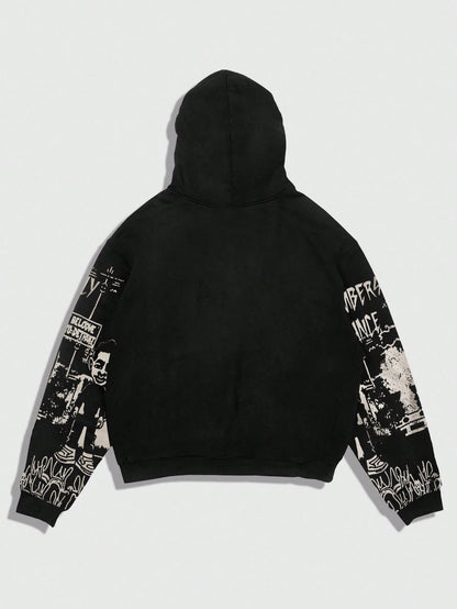 Men Graphic Zip-Up Drawstring Hoodie