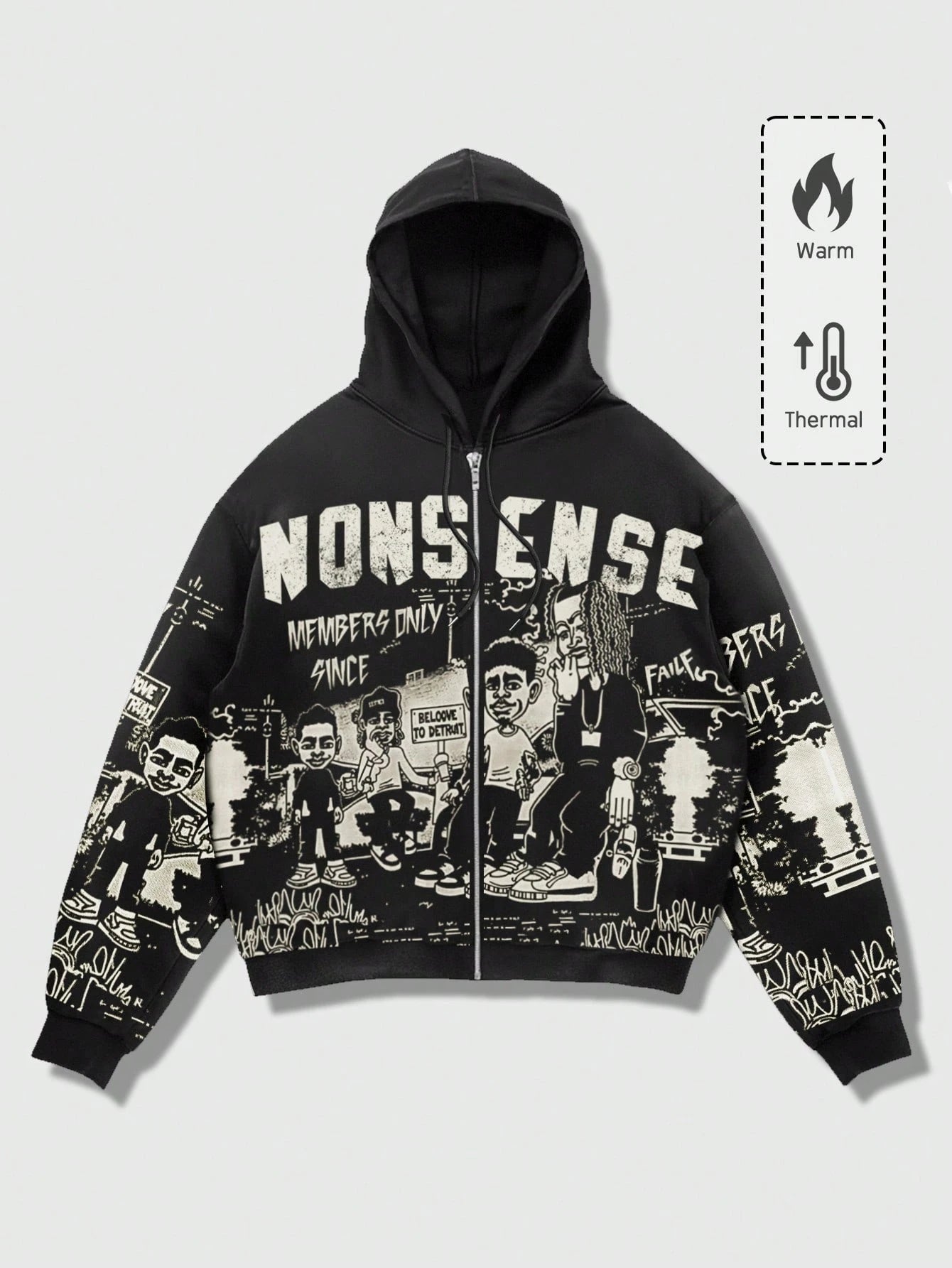 Men Graphic Zip-Up Drawstring Hoodie