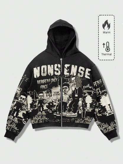 Men Graphic Zip-Up Drawstring Hoodie
