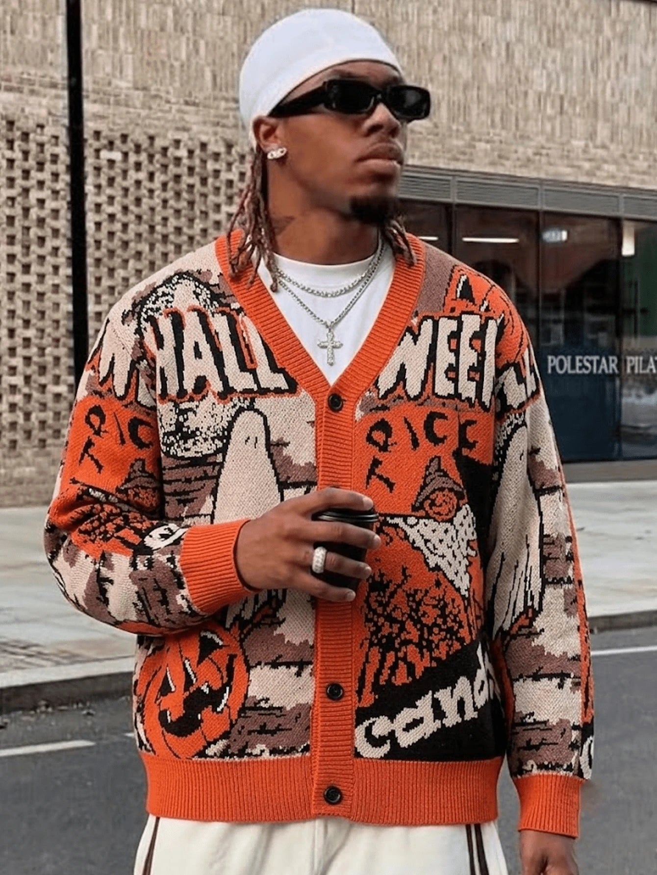 Men Halloween Loose Knit V-Neck Cardigan