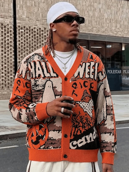 Men Halloween Loose Knit V-Neck Cardigan