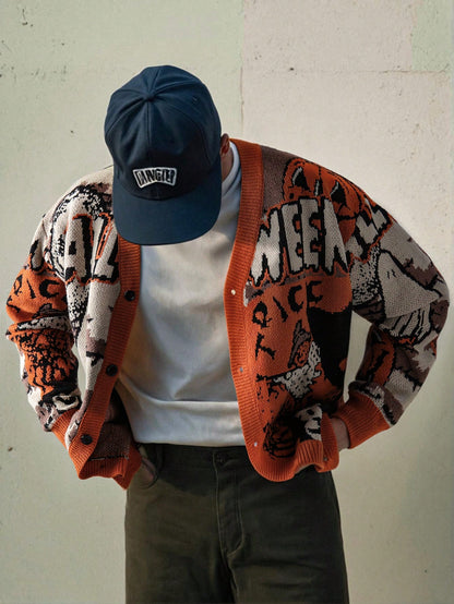 Men Halloween Loose Knit V-Neck Cardigan