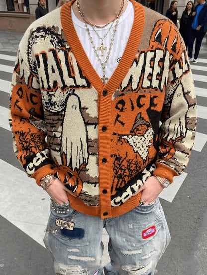 Men Halloween Loose Knit V-Neck Cardigan