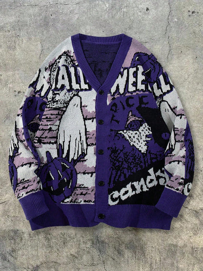 Men Halloween Loose Knit V-Neck Cardigan