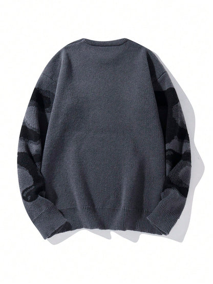 Men Halloween Skeleton Color Block Pullover Sweater