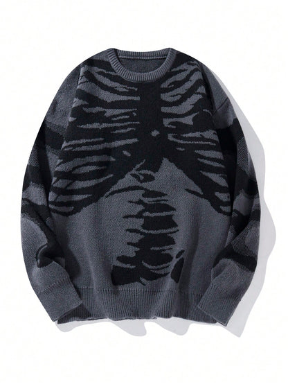 Men Halloween Skeleton Color Block Pullover Sweater
