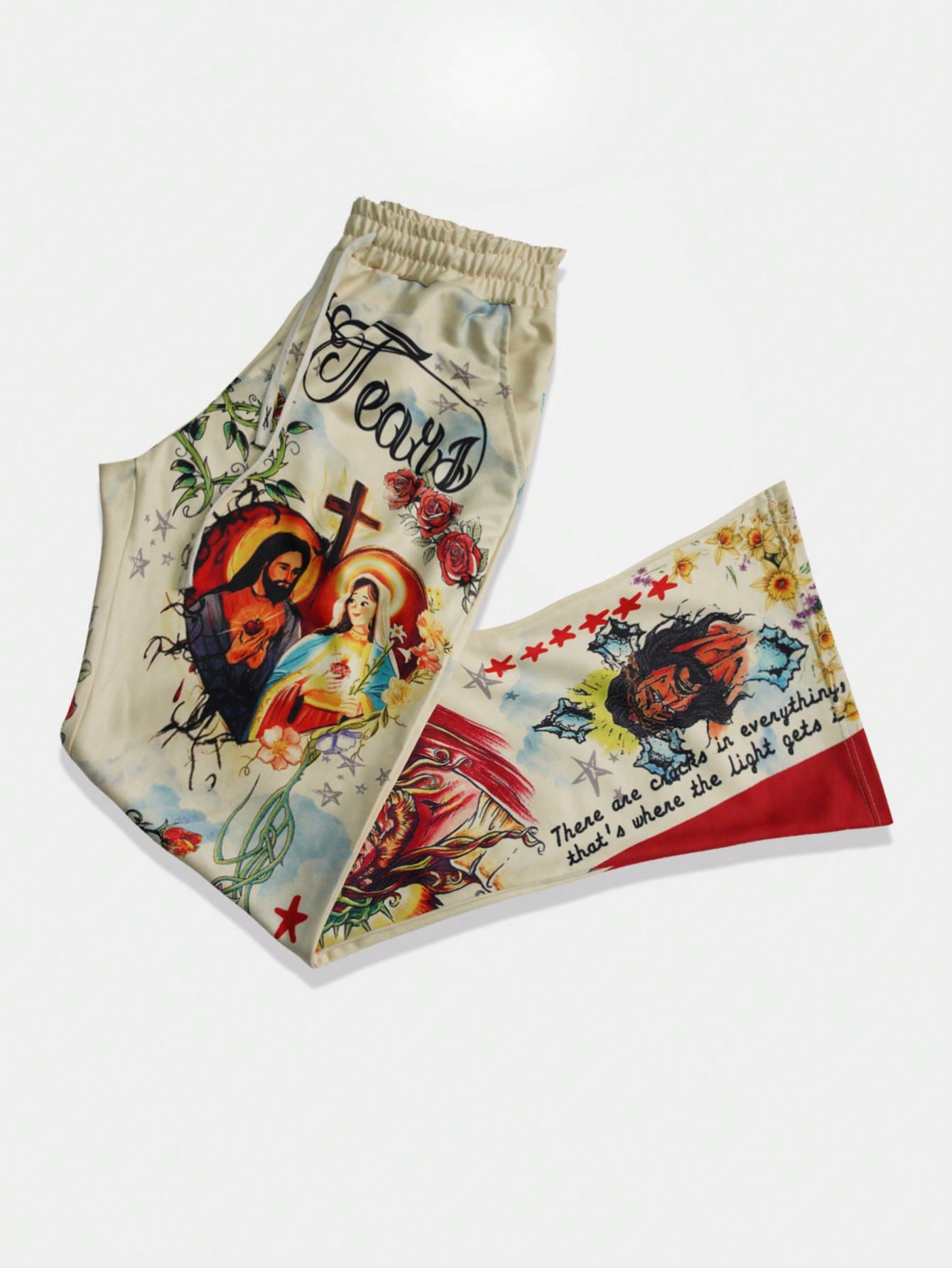 Men Jesus & Virgin Mary Print Drawstring Flare Pants