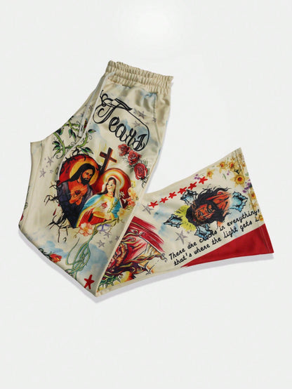 Men Jesus & Virgin Mary Print Drawstring Flare Pants