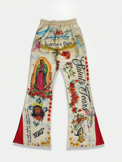 Men Jesus & Virgin Mary Print Drawstring Flare Pants