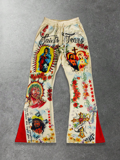 Men Jesus & Virgin Mary Print Drawstring Flare Pants