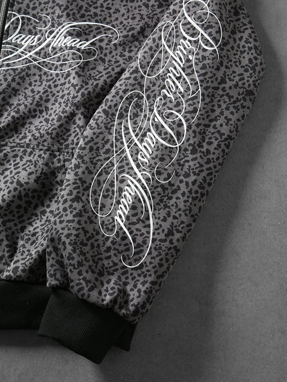 Men Leopard Print Letter Casual Street Hoodie