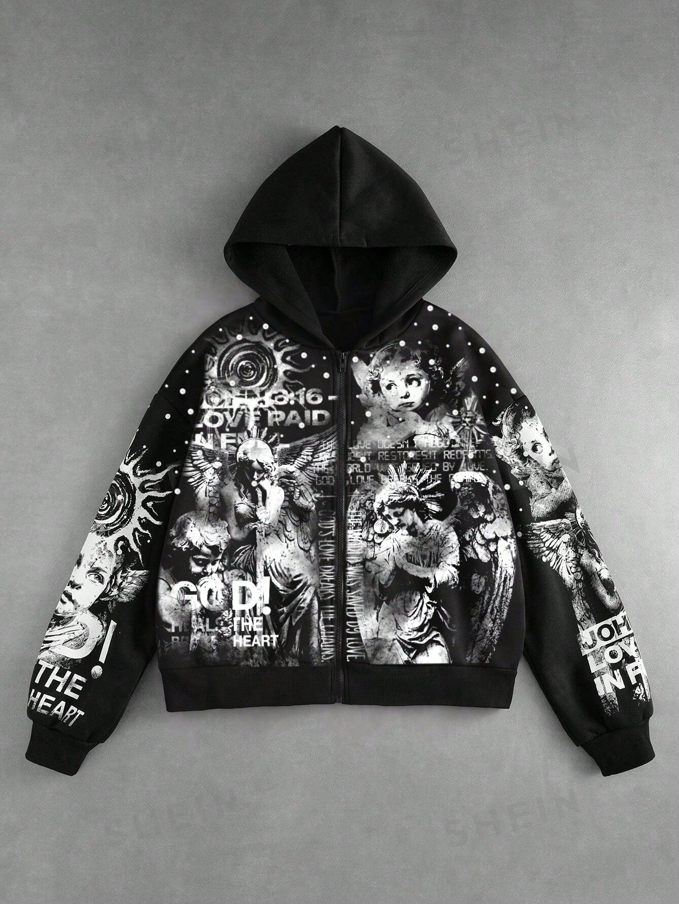 Men Loose Fit Angel Print Zip-Up Hoodie